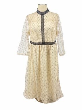 Women's Cream Polka Dot Midi Dress with Black Trim